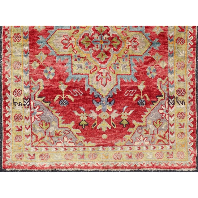 Tribal Antique Turkish Oushak Medallion Rug in Red, Lime Green, Gray & Light Blue For Sale - Image 3 of 11