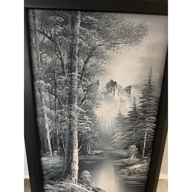Vintage Black White Riverscape Misty Mountains Oil Painting By M. Scott 14x27 Excellent condition Original hand painted by...