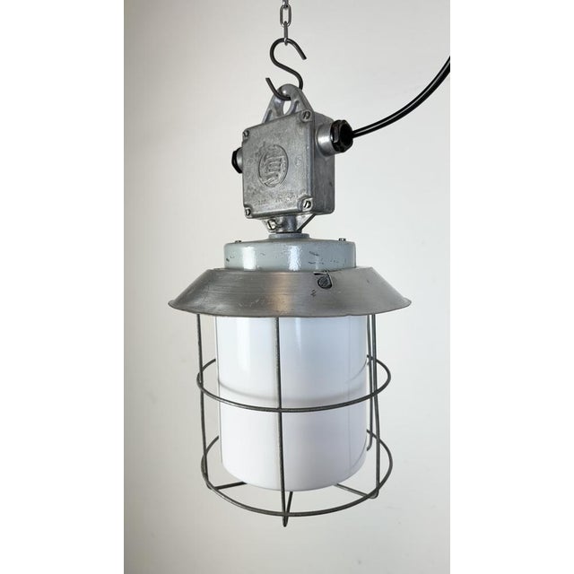 Industrial Aluminium Cage Light with Milk Glass from Elektrosvit, 1970s For Sale - Image 10 of 17
