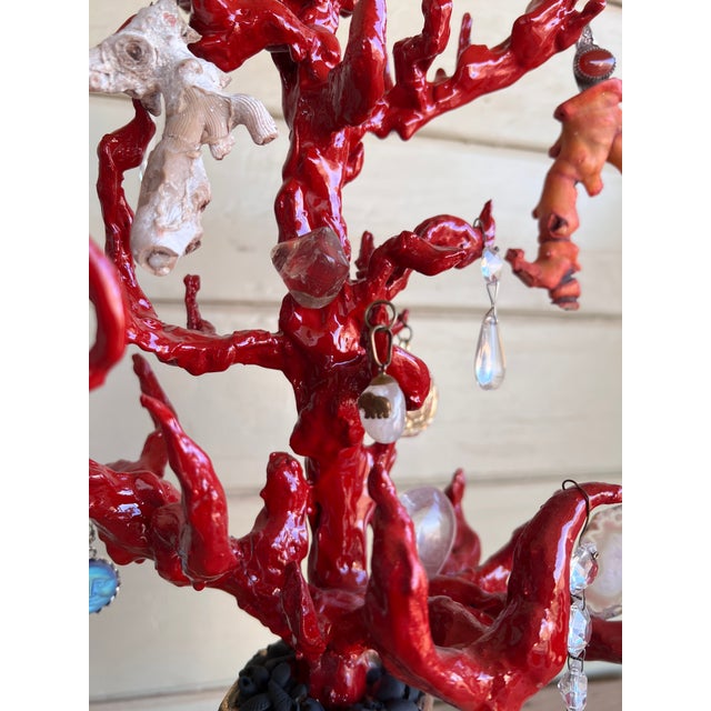 1900 - 1909 Wunderkammer-Style High-Quality Faux Red Coral Decorative Sculpture With Antique Pendants Handpainted Vase & Marble Base For Sale - Image 5 of 17
