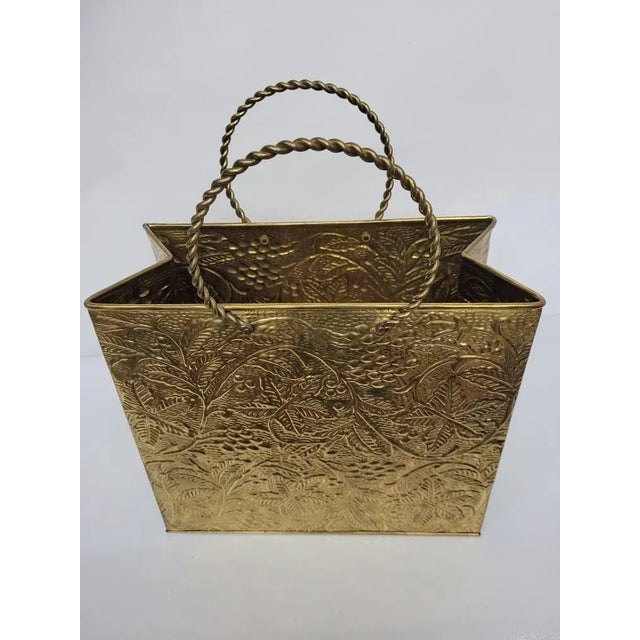 Vintage Brass Embossed Leaves Shopping Bag Magazine Stand For Sale - Image 9 of 10