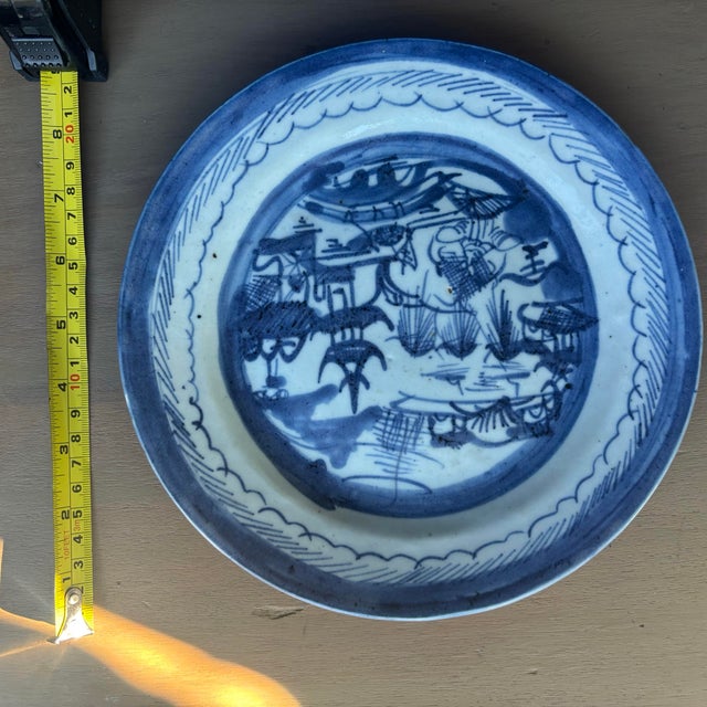 Ceramic Set of 4 Antique 19th Century Canton Ware Chinese Export Blue & White Porcelain Plates For Sale - Image 7 of 12