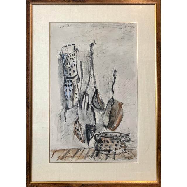 Yosl Bergner, Israeli Yosl Bergner Modernist Watercolor Painting Drawing Pots, Pans For Sale