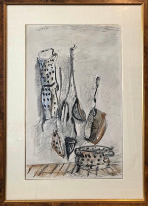 Yosl Bergner, Israeli Yosl Bergner Modernist Watercolor Painting Drawing Pots, Pans