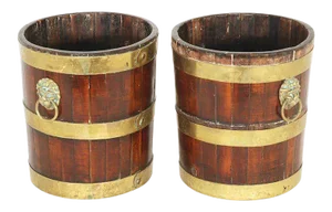 1800 Century George III Walnut Brass Bound Ice Bucket Cooler Decanter Caddies or Wine Bottle Coasters - A Pair