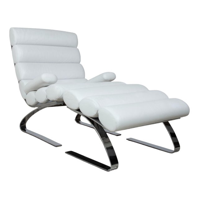 Set of Sinus Lounge Chair and Ottoman in White Leather and Chrome from Cor For Sale