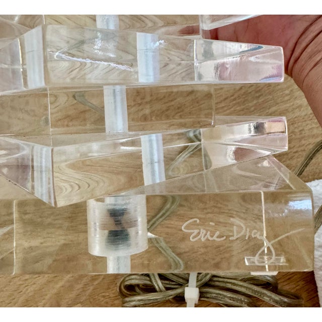 1970s Artist-Signed Sculptural Stacked Lucite Table Lamps, Intentionally Asymmetrical - Pair For Sale - Image 10 of 11