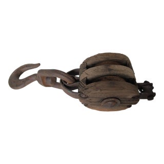 Antique Forged Metal and Wood Block and Tackle Double Pulley For Sale