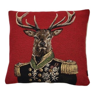 Admiral Stag Red Tapestry Cushion With Feather Filler - 33x33cm (13"x13") For Sale