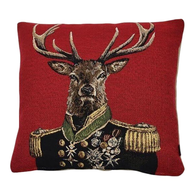 Admiral Stag Red Tapestry Cushion With Feather Filler - 33x33cm (13"x13") For Sale