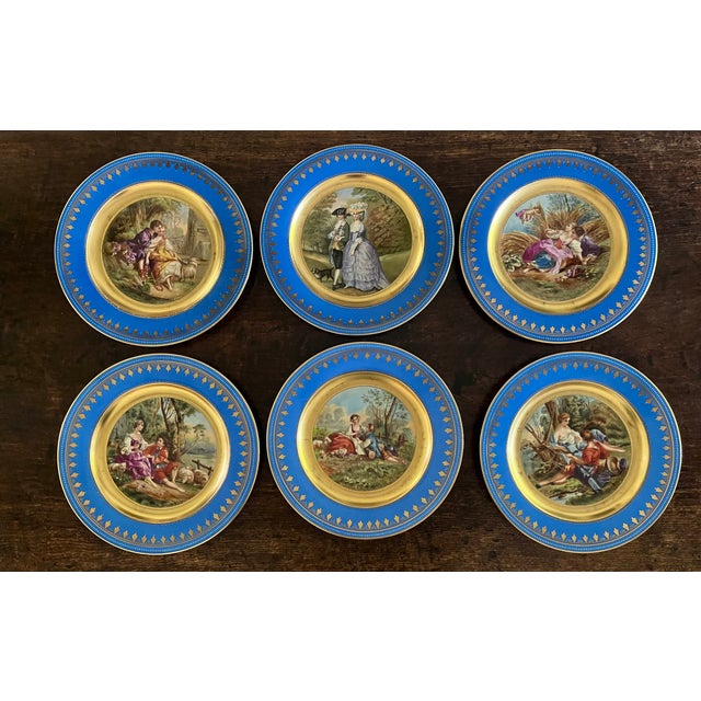 Victorian Antique 19th C. Royal Vienna Style 10.5" Cobalt & Gilt Signed Cabinet Plates - Set of 6 For Sale - Image 3 of 18