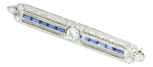 Mid 20th Century Elongated Brooch With Sapphires and Central Diamond 6.76g
