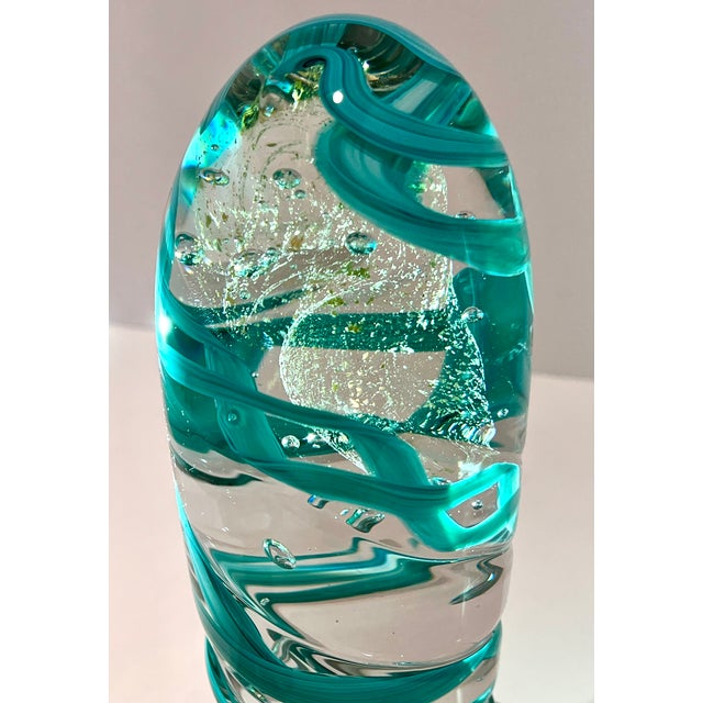Signed Stephen Rich Nelson Studio Art Glass Sculpture 1990 Turquoise Ribbon Aventurine Bubble Glass Paperweight 10.5” For Sale - Image 4 of 10