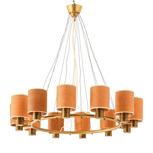 Scandinavian Modern Ceiling Lamp in Brass and Cane by Hans Bergström, 1940s For Sale