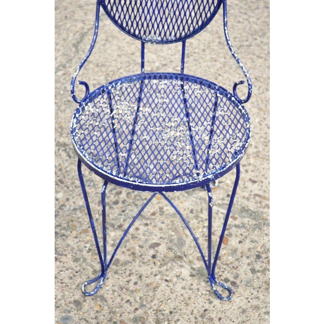 Mid 20th Century Vintage Victorian Blue Wrought Iron Small Garden Bistro Dining Chairs - Set of 4 For Sale - Image 5 of 10