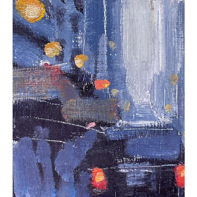 Roadway II by Jim Beckner | Oil on panel Nighttime city street with blurred lights and vehicles. For Sale - Image 4 of 5