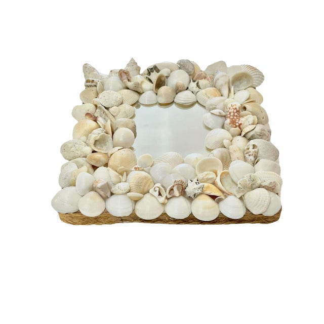 American Vintage Coastal Shell-Encrusted Mirror With Raffia Frame – Grotto Style Petite Wall Mirror For Sale - Image 3 of 9