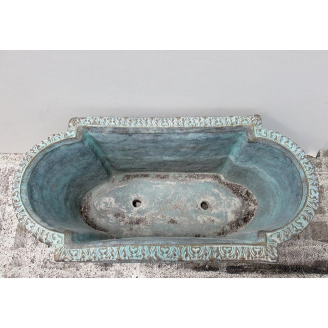 French Mediterranean-Style Tiffany Blue & Bronze Elongated Concrete Garden Planter For Sale - Image 11 of 13