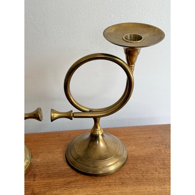 Metal Brass French Horn Candlestick Holders, a Pair For Sale - Image 7 of 8
