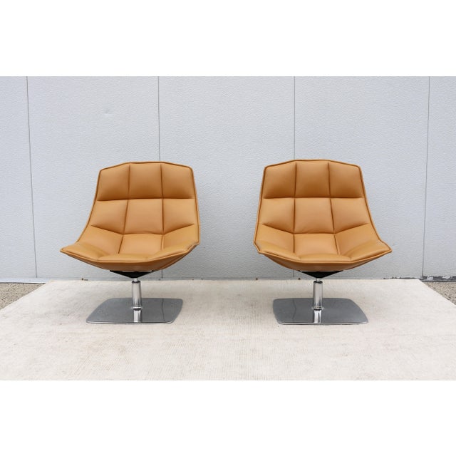 Modern Contemporary Knoll Jehs+Laub Swivel Lounge Chairs in Tan Leather - A Pair For Sale In New York - Image 6 of 18