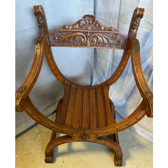 Renaissance Style Curule Armchair in Carved Walnut, 1890s For Sale - Image 11 of 11