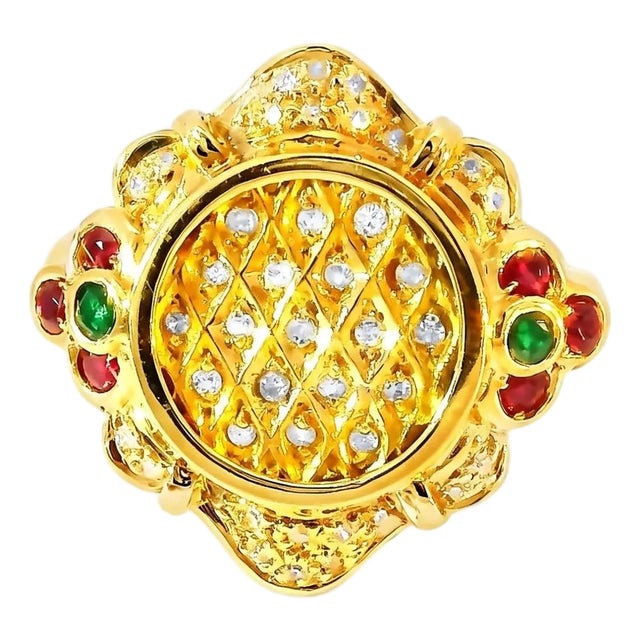 Late 20th Century 14K Yellow Gold Diamond Emerald Ruby Designer Ring, Size 6.75 For Sale