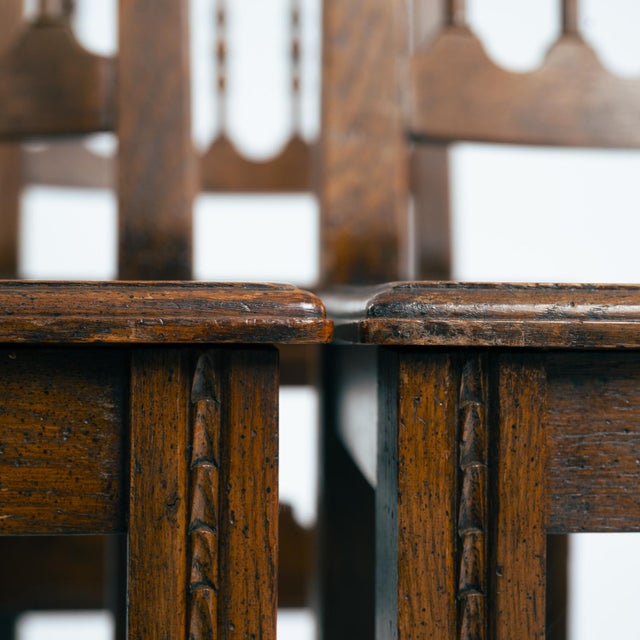 Set of 6 handmade Spanish walnut wooden chairs from the 1970s Well made and with subtile hand carved details. Seating...