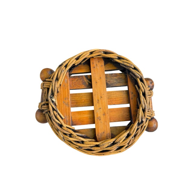 Mid 20th Century Vintage Wicker Basket With Turned Wood Double Ball Finial Handles - Boho Coastal Folk Art For Sale - Image 5 of 11