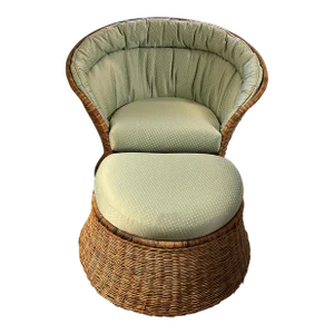 Late 20th Century Vintage Rattan Chair and Half Moon Ottoman