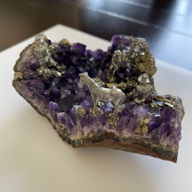 One of a kind Collector's dream art piece done on a piece of Amethyst with a scene of Silver miners at work with a donkey....