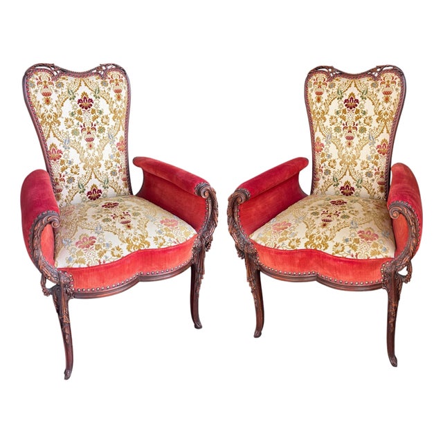 Pair of Grosfeld House Hollywood Regency Red Velvet Arm Chairs For Sale
