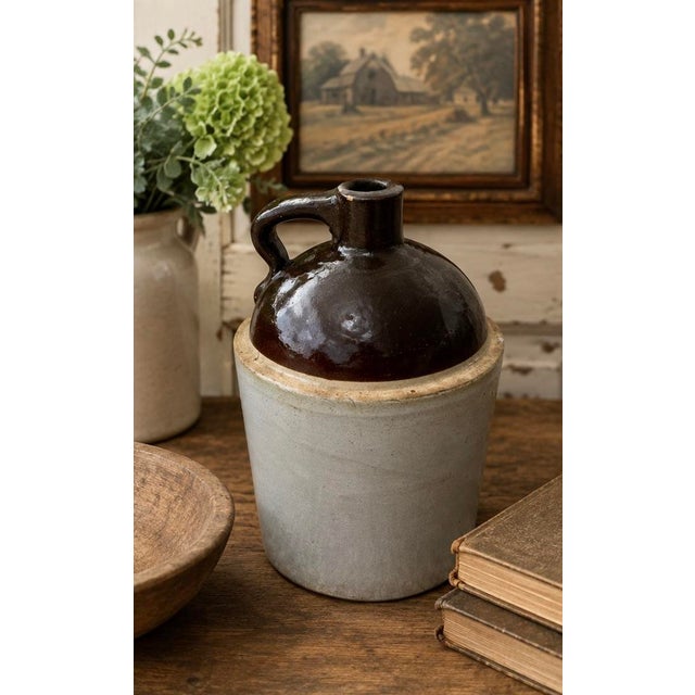 Ceramic Antique American Salt-Glazed Stoneware Jug With Albany Slip Shoulder, Circa 1890 For Sale - Image 7 of 12