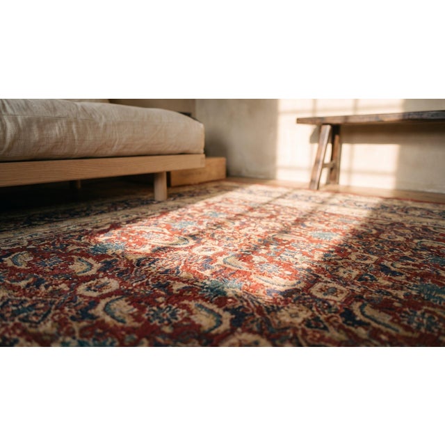Textile Fantastic Red and Blue Color With Great Palmette Antique Agra Rug For Sale - Image 7 of 8
