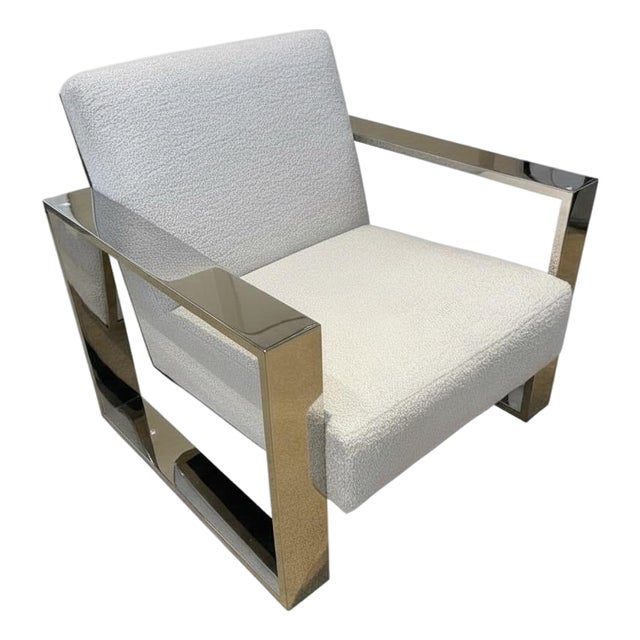 Mid Century Style Cantilever Polished Chrome Lounge Chair in Bouclé Fabric For Sale