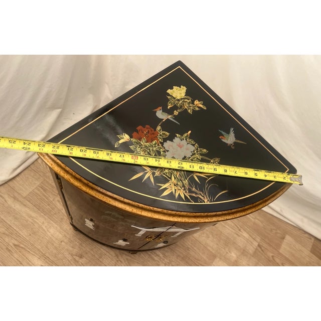 Vintage Chinese Corner Cabinet Chinoiserie Mother of Pearl Applique Asian Style For Sale - Image 9 of 11