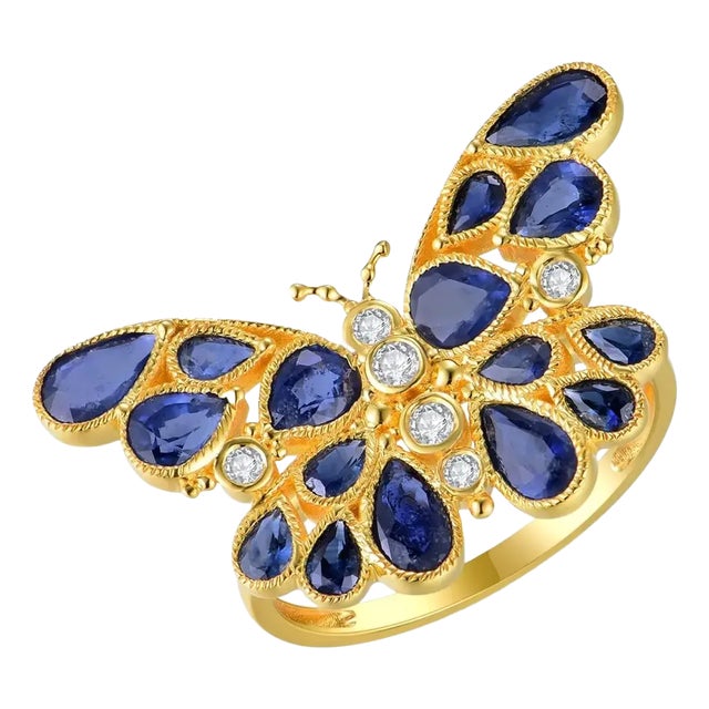 Nina Zhou Butterfly Sapphire Diamond Cocktail Ring in 14k Yellow Gold, size 7.5 For Sale
