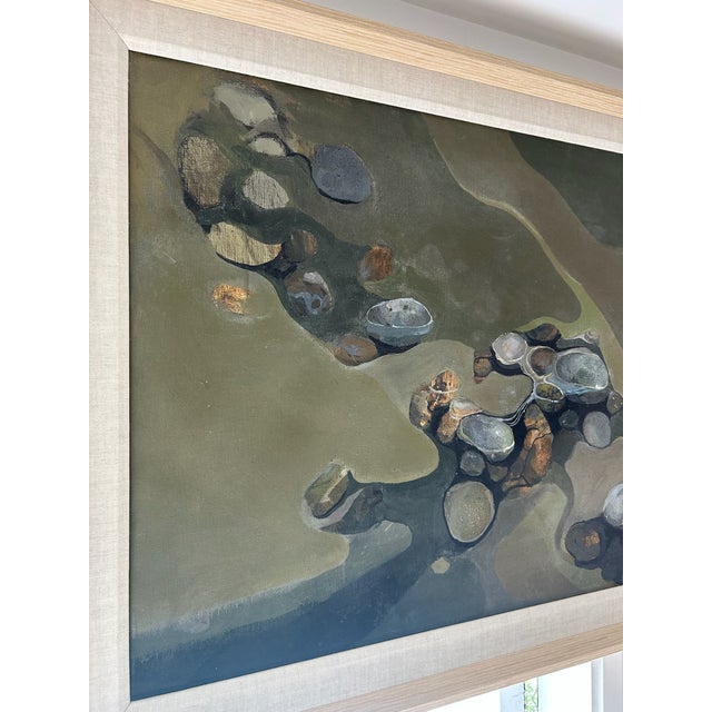 Green Vintage Oil and Acrylic Abstract Painting on Beveled Linen Mat and Maple Frame For Sale - Image 8 of 10