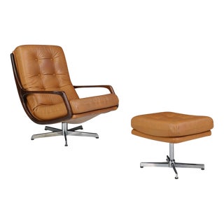 Set of Swivel Lounge Chair and Ottoman in Cognac Leather attributed to Eugen Schmidt, Germany, 1970s, Set of 2 For Sale
