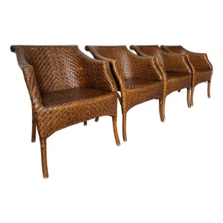 Vintage Palecek-Style Coastal Organic Woven Rattan Dining Chairs – Set of 4 For Sale