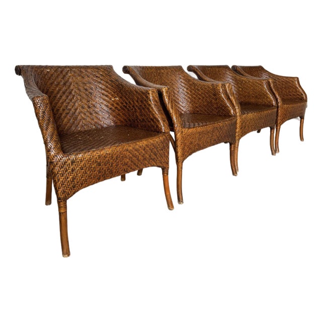 Vintage Palecek-Style Coastal Organic Woven Rattan Dining Chairs – Set of 4 For Sale