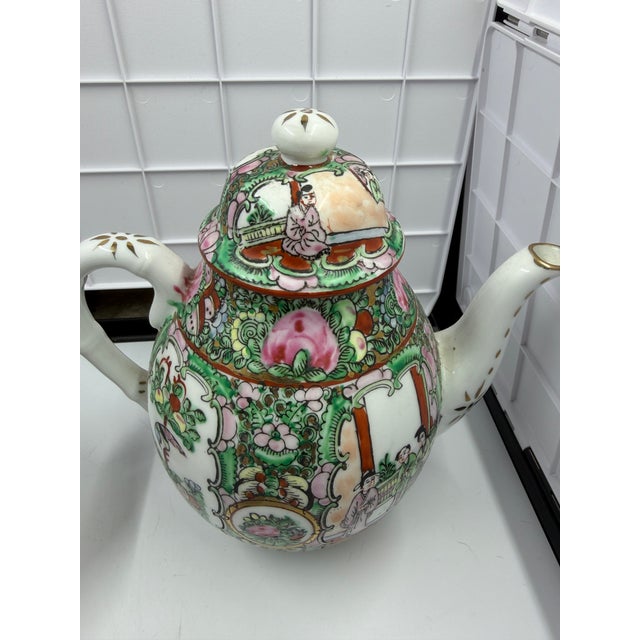 Antique Chinese Famille Rose Medallion Porcelain Tea Set; Teapot, Sugar, Creamer For Sale - Image 4 of 12