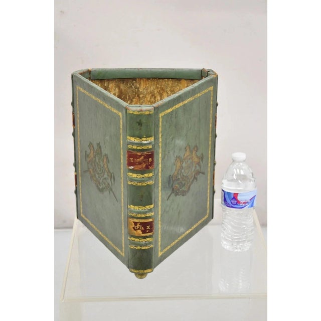 Traditional Vintage Italian Regency Green Leather Triangular Book Form Wastebasket Trash Can For Sale - Image 3 of 12