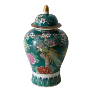 1980s Vintage Chinoiserie Goldimari Hand-Painted Jade Green Birds Ginger Jar
