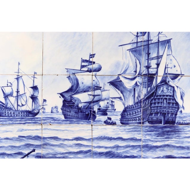 Late 19th Century Dutch Delft Tile Picture, Fleet of Ships, Blue & White, Framed For Sale - Image 5 of 9