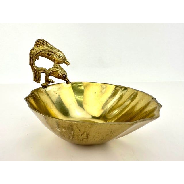 Traditional Vintage 1960's Mid-Century Swimming Dolphins Brass Trinket Dish For Sale - Image 3 of 8