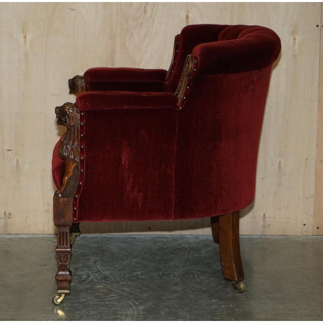 Regency Lions Head Carved Oak Armchair with Oxblood Velour Upholstery, 1810s For Sale - Image 16 of 17