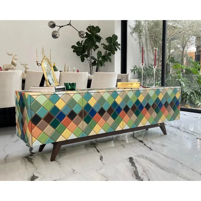 Multicolor Opaque Rainbow Diamond Wood Sideboard for Dining Room or Tv Stand For Sale - Image 12 of 12