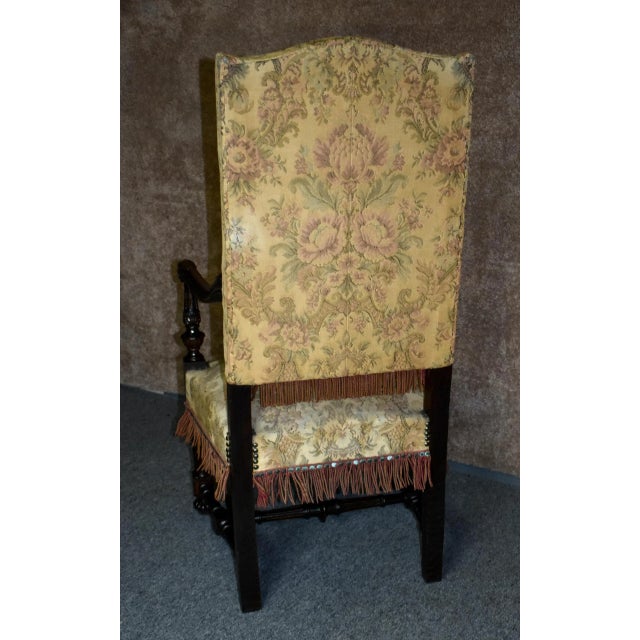 Antique Carved Oak Armchair 1920s Tudor Style High Back Fringe Stretcher Base For Sale - Image 12 of 13
