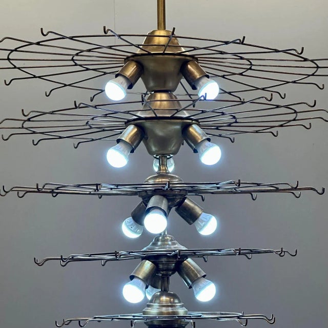 Pair Murano Disc Mid-Century Modern Tiered Chandelier, Antique Brass, Monumental For Sale - Image 11 of 13