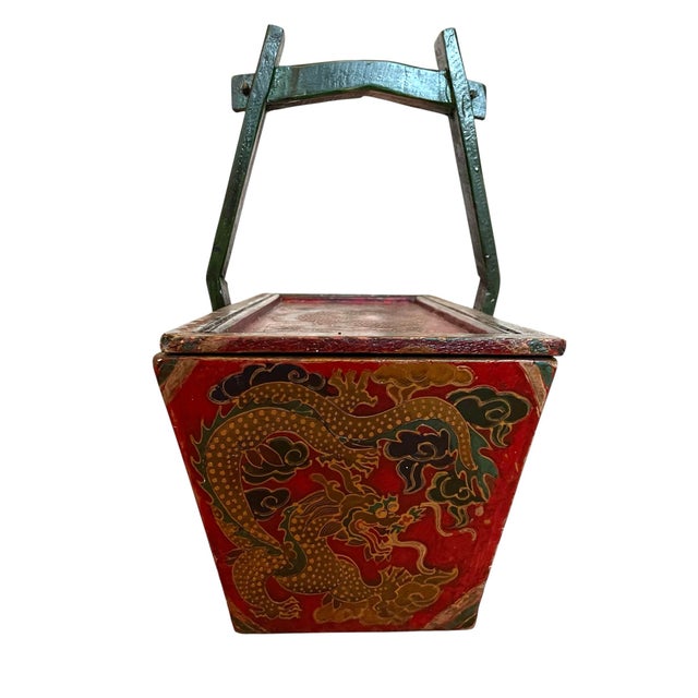 Chinese Vintage Hand-Painted Wedding or Rice Box With Handle, Dragons For Sale - Image 9 of 10